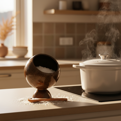 Brown Salt Cellar — Spoon Flat on Counter