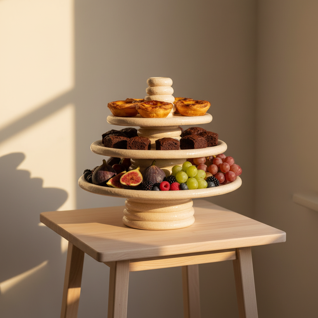 Three-tier Stand — Pastéis topo, Brownies meio, Fruta base